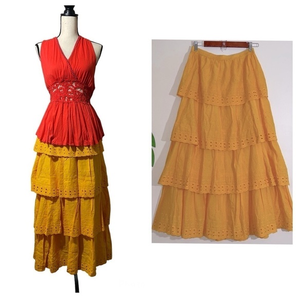 House of Harlow 1960 Boho Tiered Eyelet Midi Skirt in Mustard Yellow Sz Small - Picture 1 of 11